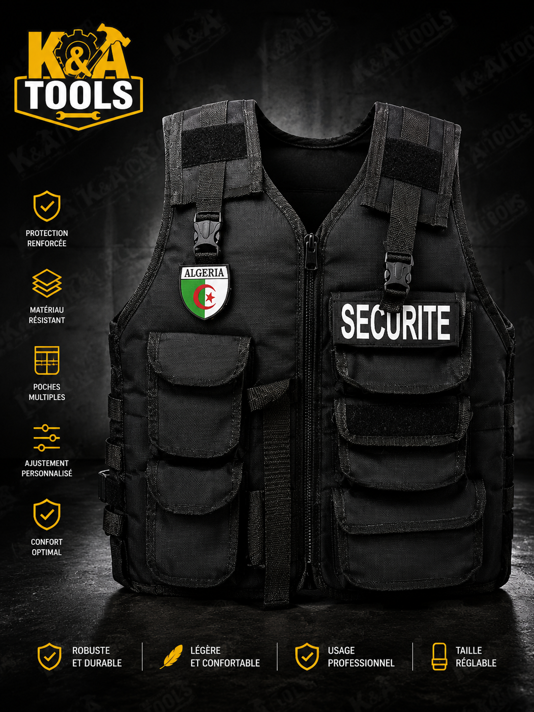 Gilet tactique noir de sécurité et d'intervention
