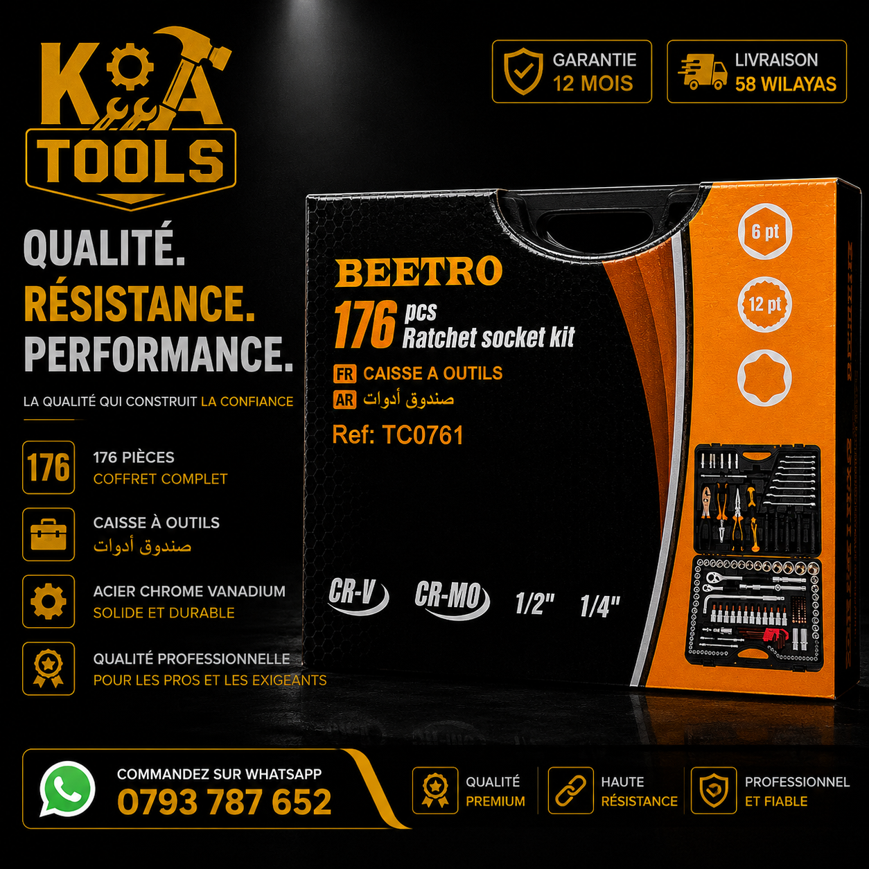 mallette d'outillage professionnelle complète de 176 pièces en acier chrome-vanadium