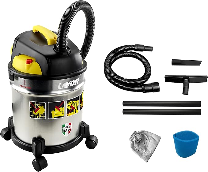 Lavor Aspirateur Eau et Poussière VAC 20 S, Réservoir en Acier 20 litres, 18 kPa, 1200W Max, Filtre en Tissu et Filtre Éponge Compris