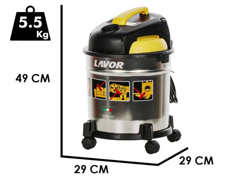 Lavor Aspirateur Eau et Poussière VAC 20 S, Réservoir en Acier 20 litres, 18 kPa, 1200W Max, Filtre en Tissu et Filtre Éponge Compris